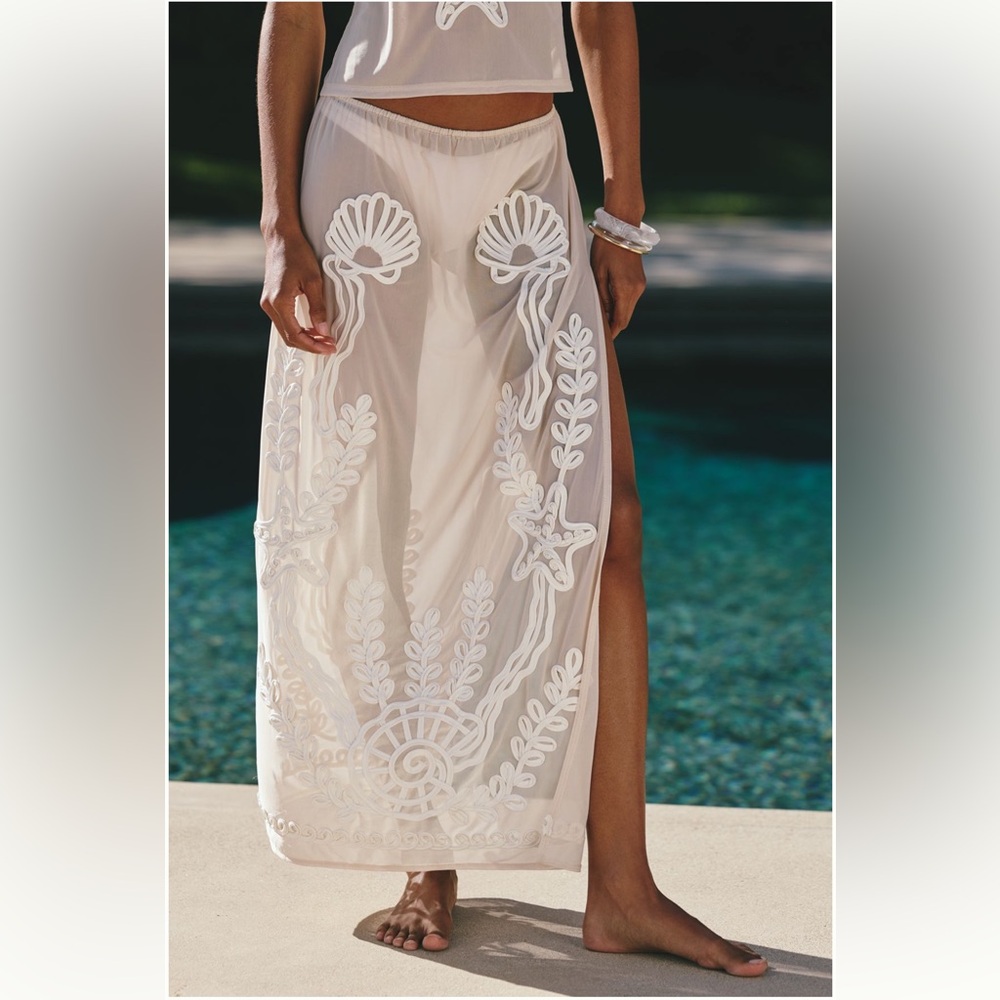Anthropologie Celandine Embroidered  Maxi Skirt White Beach Cover-Up